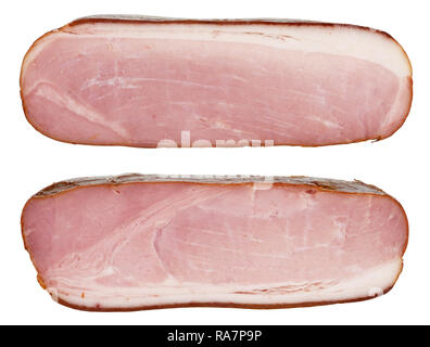 Cross  sections  of the  elite smoked pork Lithuaninian  bacon with the title Royal Prince. Isolated on white studio macro shot Stock Photo