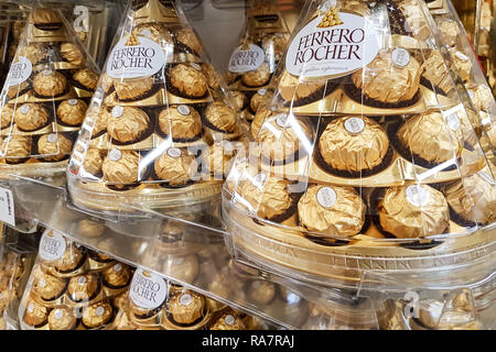 Nowy Sacz, Poland - December 07, 2018 : Ferrero Rocher premium chocolate on store shelf for sale in supermarket. Ferrero Rocher is a famous Italian Stock Photo