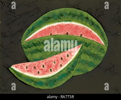 American 19th Century, Watermelon, mid 19th century, reverse painting on glass. Reimagined by Gibon. Classic art with reimagined Stock Photo