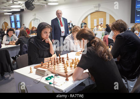 St. Petersburg, Russia - December 27, 2018: Match Sarasadat Khademalsharieh, Iran (left) vs Ex-World Champion Alexandra Kosteniuk, Russia during King  Stock Photo