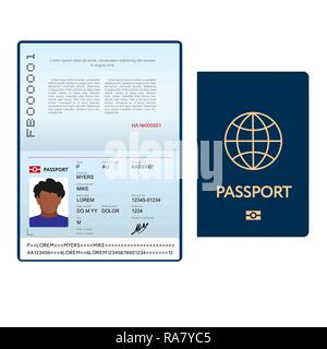 Opened international passport template with blue cover Stock Vector