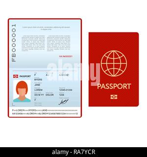 Opened international passport template with red cover Stock Vector