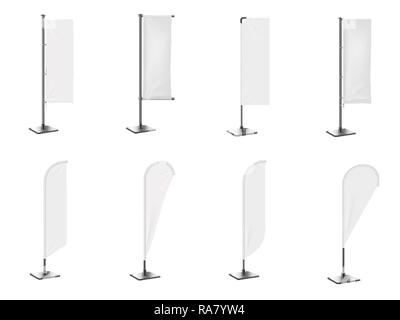 Realistic banner flag 3d mockup on white backdrop. White  empty  Stock Vector
