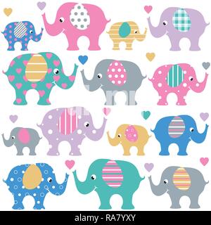 Cute collection of pink, blue, green and violet grown up and baby elephants, with striped ears and colorful hearts, on white background Stock Vector