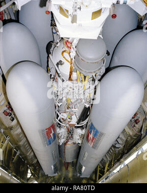 1979 - A close-up view of AGM-109 Tomahawk air-launched cruise missile mounted on a rotary missile launcher in the bomb bay of a B-52 Stratofortress aircraft. Stock Photo