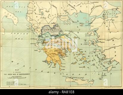 Map, the War of Greek Independence, 1821 to 1833, 19th century engraving. Reimagined by Gibon. Classic art with a reimagined Stock Photo