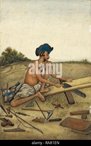 Castes and tribes of India, Khati or Tarkhan, carpenter caste of the Panjab, Man sawing a plank. Tashrih al-aqvam, an reimagined Stock Photo