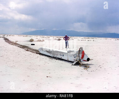 1979 - A close-up view of an AGM-86 air-launched cruise missile on the ground after impact. Stock Photo