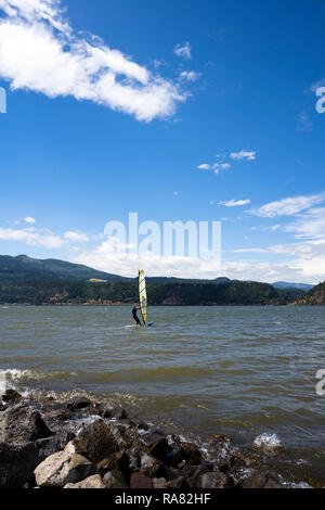 The surfer enjoying a walk with sail under the fresh wind along the Columbia River in the Hood River - the center of windsurfing as a professional spo Stock Photo