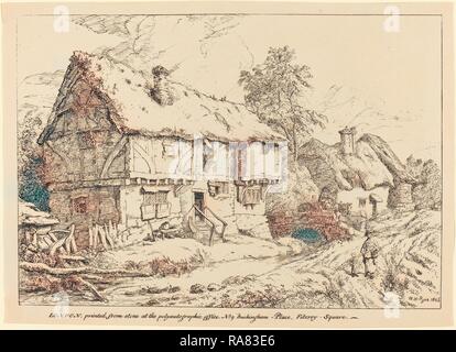 William Henry Pyne (British, 1769 - 1843), Old Cottages, 1806, pen-and-tusche lithograph. Reimagined Stock Photo