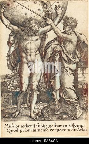 Heinrich Aldegrever (German, 1502 - 1555-1561), Hercules and Atlas, 1550. Reimagined by Gibon. Classic art with a reimagined Stock Photo
