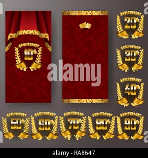 Set of anniversary card, invitation with laurel wreath, number. Decorative gold emblem of jubilee on red background. Stock Vector