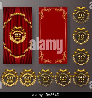 Set of anniversary card, invitation with laurel wreath, number. Decorative gold emblem of jubilee on red background. Stock Vector