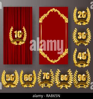 Set of anniversary card, invitation with laurel wreath, number. Decorative gold emblem of jubilee on red background. Stock Vector