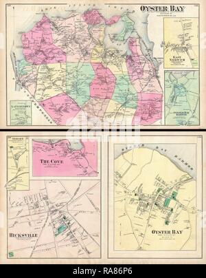 1873, Beers Map of Oyster Bay and Hicksville, Long Island, New York. Reimagined by Gibon. Classic art with a modern reimagined Stock Photo