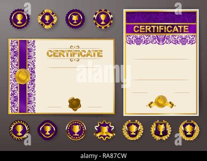 Set of elegant templates of diploma with lace floral ornament, ribbon, medals, badges, champion cups, place for text. Certificate of achievement, educ Stock Vector