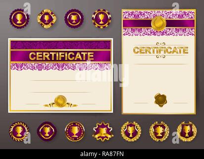 Set of elegant templates of diploma with lace floral ornament, ribbon, medals, badges, champion cups, place for text. Certificate of achievement, educ Stock Vector