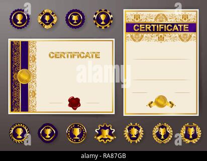 Set of elegant templates of diploma with lace floral ornament, ribbon, medals, badges, champion cups, place for text. Certificate of achievement, educ Stock Vector