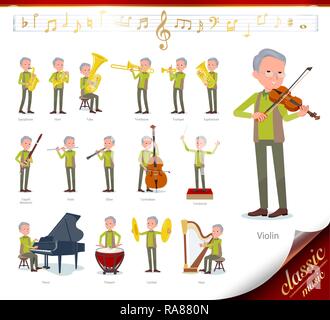 A set of old man on classical music performances.There are actions to play various instruments such as string instruments and wind instruments.It's ve Stock Vector