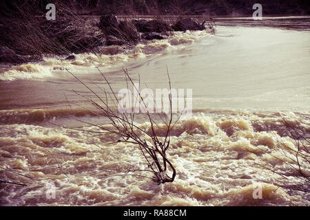 Rushing waters of a swollen river during the rainy season. Flooding after several days of rain Stock Photo
