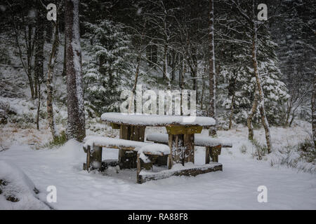 Picnic table, Mount Floyen, Bergen, Norway. Stock Photo
