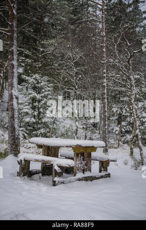Picnic table, Mount Floyen, Bergen, Norway. Stock Photo