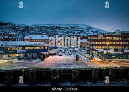 On board the Hurtigruten coastal steamer,arriving at Hammerfest,  Norway. Stock Photo