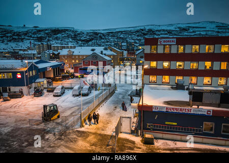 On board the Hurtigruten coastal steamer,arriving at Hammerfest,  Norway. Stock Photo