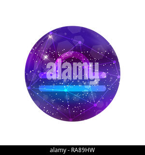 Libra Zodiac sign and constellation on a cosmic purple sky with glowing stars and nebula isolated on white background.   neon icon, web button, clip a Stock Photo