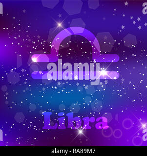 Libra Zodiac sign and constellation on cosmic purple background with glowing stars and nebula.   illustration, banner, poster, scales card. Space, ast Stock Photo