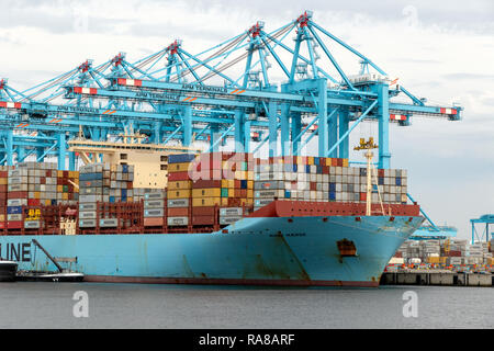 ROTTERDAM - AUG 23, 2017: Maersk container ship moored in the Maasvlakte 2 in the Port of Rotterdam. Stock Photo