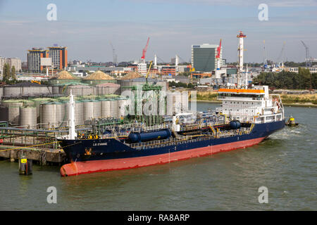 ROTTERDAM, THE NETHERLANDS - SEP 9, 2018: Oil tanker moored at the Vopak tank terminal in the Port of Rotterdam.
