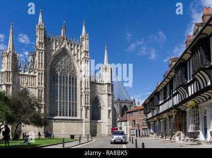 YORK, UK - JULY 18, 2016. An exterior view of the Great East Window of York Minster from St William's College in York, UK Stock Photo