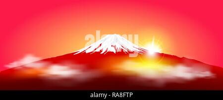 Silhouette Fuji mountain at sunrise. Fuji against the red sky and the rising sun. Landscape, Mount Fuji. Mount Fuji on a red background. Stock Vector