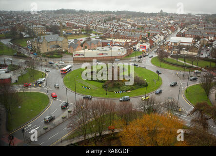 General aerial view GV of Town End Roundabout, Barnsley, South Yorkshire