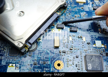 Computer circuit cpu chip mainboard core processor electronics device : concept of data, hardware, technician and technology. Stock Photo