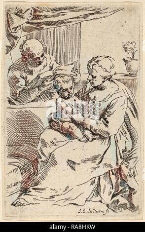 Simone Cantarini (Italian, 1612 - 1648), The Holy Family, etching. Reimagined by Gibon. Classic art with a modern reimagined Stock Photo