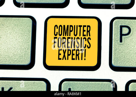 Handwriting text writing Computer Forensics Expert. Concept meaning harvesting and analysing evidence from computers Keyboard key Intention to create  Stock Photo