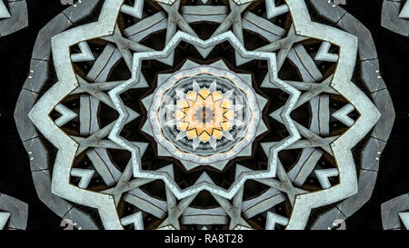 Abstract Metallic Industrial and Technology  Concept Symmetric Pattern Ornamental Decorative Kaleidoscope Movement Geometric Circle and Star Shapes Stock Photo