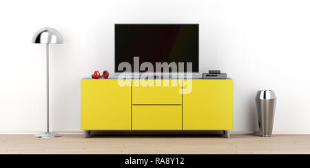 Led tv with empty screen on modern tv stand in the living room, front view Stock Photo