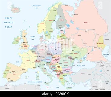 detailed colored europe map with all important elements Stock Vector