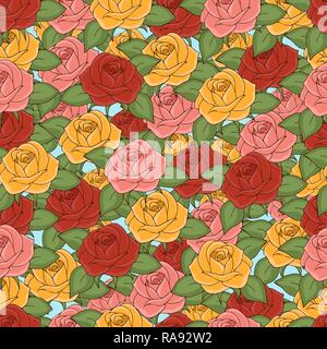 Roses seamless pattern, hand drawing, vector illustration. Drawn flower buds with pink, red, yellow, petals and green leaves on white background. For  Stock Vector