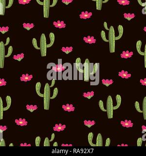 Cactus seamless pattern, hand drawing, vector illustration. Painted green peyote with spikes and pink flowers on dark brown background. For fabric des Stock Vector