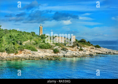 Lighthouse at Fiscardo village Kefalonia Greece Stock Photo