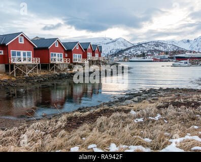 Rorbu holiday houses in town of Stokmarknes on Hadseloya, Vesteralen, Nordland, Norway Stock Photo