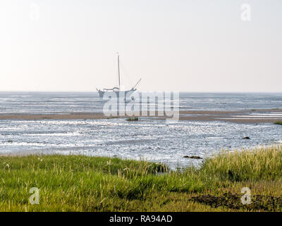 People looking for shellfish in mud flats and dried out sailboat at low tide, Wadden Sea near West Frisian island Schiermonnikoog, Netherlands Stock Photo