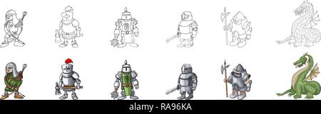 Set of medieval knight characters cartoon style vector illustration Stock Vector