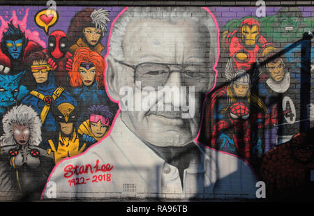 This magnificent mural was painted by the Glasgow artist, EJEK on the wall of the Barn community centre in the Gorbals, Glasgow. It is his tribute to the great comic book, and superhero, creator, Stan Lee who died in November 2018. He immediately got to work on this tribute to his hero and it was unveiled in December 2018. Alan Wylie/ALAMY © Stock Photo