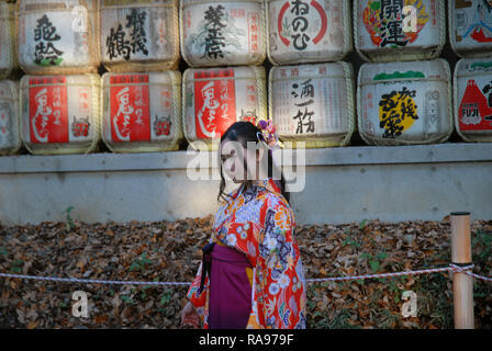 Decorated sake barrels at the entrance to the Meiji Shrine in Tokyo, Japan. Stock Photo