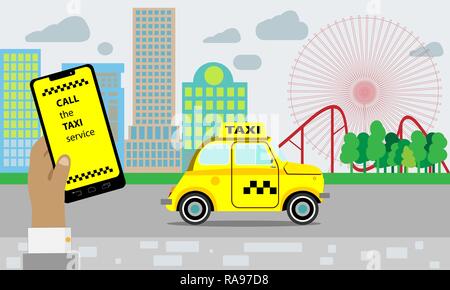 Taxi service. Yellow taxi cab. Hands with smartphone and taxi application, city silhouette with skyscrapers and tower, sky with clouds. Stock Vector